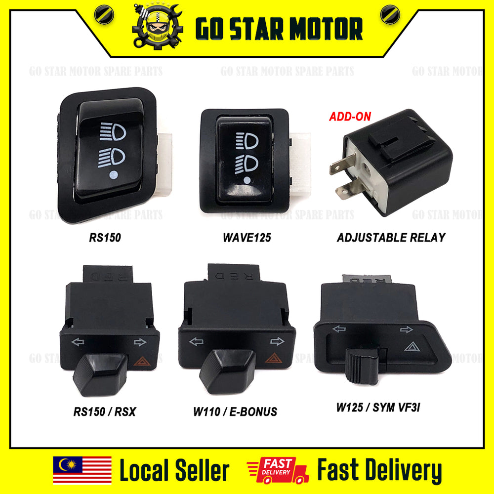 HANDLE SWITCH BUTTON (DOUBLE SIGNAL / LIGHT OFF) = RS150 / RSX / ALPHA / BEAT / WAVE110 / DASH / FUTURE / EX5-FI / WAVE100-R / WAVE125 / WAVE125S / BENELLI RFS150 / SUZUKI SMASH / SHOGUN / SYM VF3I / SPORT BONUS