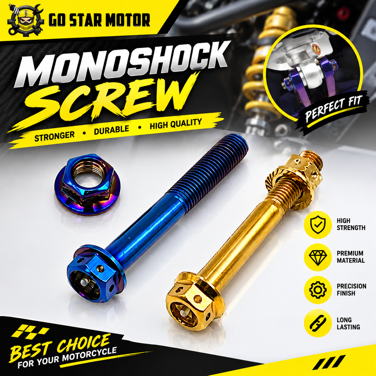 M10*70 Skru Monoshock Penyerap Hentakan Skru Titanium Biru Emas M10 70