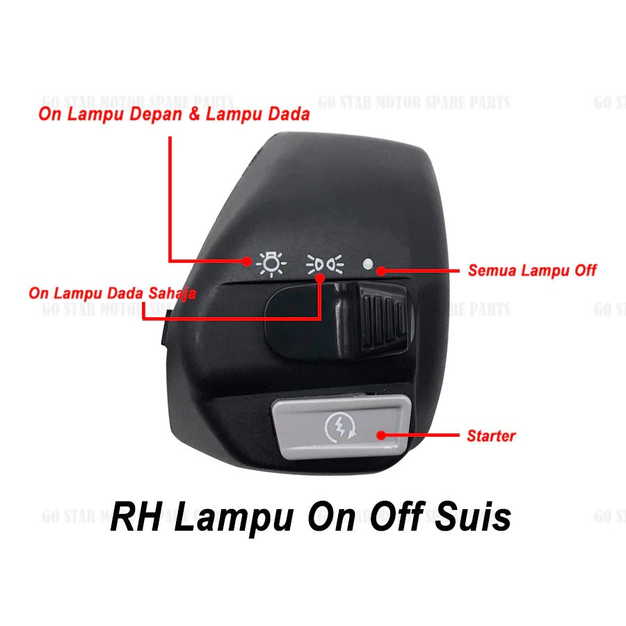 SUIS PEMEGANG KIRI KANAN, SUIS PEMULA, LAMPU ON OFF, ISYARAT BERKEMBAR, ENJIN KARBON