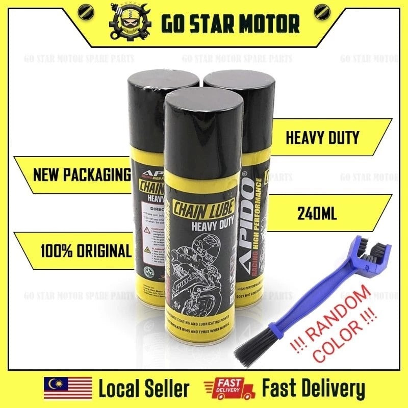 PENGHANTARAN KE MALAYSIA BARAT SAHAJA !!! APIDO HEAVY DUTY CHAIN LUBE MINYAK RANTAI OIL 240ML HD LUBRICANT SPRAY BRUSH